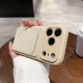 Beige leather iPhone case with card holder slots, minimalist business drop-proof back cover. - Bone White U-Shape Card Slot