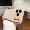 Beige leather iPhone case with card holder slot, minimalist anti-drop protective back cover. - Off-White V-Shape Card Slot