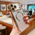 Detailed view of luxury magnetic glitter phone case featuring gold frame and cute heart design. - Gold