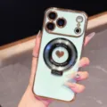 Plated magnetic phone case with metal ring stand, detailed view of electroplated edges. - iPhone 17 Promax / Green