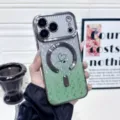 Detailed view of the gradient glitter phone case with magnetic ring and heart pattern. - Gradient Green (Glitter + Lens Film)