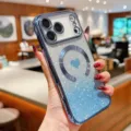 Luxury gradient glitter MagSafe phone case with cute heart design showing premium details. - Sierra Blue