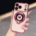 Electroplated heart phone case with ring stand for iPhone, glossy pink protective back cover. - iPhone 17 Promax / Pink