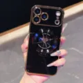 Detail view of black and gold plating phone case with CD texture magnetic ring bracket. - iPhone 17 Promax / Black