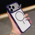 Close-up detail shot of the transparent magnetic two-tone phone case with drop protection. - Dark Purple / iPhone 17