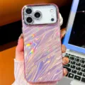 Electroplated holographic wavy phone case with lens protector, glossy shell style detail view. - Wavy Pink / iPhone17