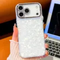 Luxury white shell pattern phone case with electroplated diamond camera protector for iPhone. - Shell White