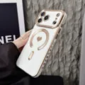 White electroplated magnetic phone case detail with cute heart pattern and metallic ring. - White