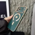 Dark green electroplated magnetic phone case with gold heart ring, premium protective back cover. - Dark Green