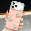 Fundas para teléfono rosa brillante con diamantes y corazón de perlas para iPhone. - Rosa Con Corazón De Strass / iPhone 17 Pro