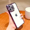 Rhinestone electroplated phone case detail showcasing sparkly crystal camera lens protection. - iPhone 16 / Rhinestone Electroplated Purple With Lens Film