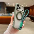 Detail view of green transparent phone case featuring magnetic ring bracket and woven hand strap. - Army Green With Strap