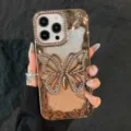 Bling glitter gradient rhinestone butterfly phone case for iPhone, luxury 3D diamond back cover. - Gold With Glitter Paper / iPhone 17