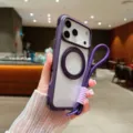 Purple magnetic phone case with rotating ring stand and strap, shockproof design details. - Dark Purple With Strap