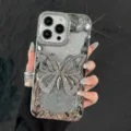 Shiny silver electroplated rhinestone butterfly phone case with sparkling glitter back for iPhone - Silver With Glitter Paper / iPhone 17