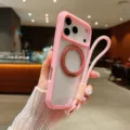 Pink magnetic phone case with 360 ring stand and strap for iPhone drop protection detail - Pink With Strap