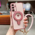 Funda protectora rosa chapada con soporte de anillo de corazón y correa para Samsung. - Galaxy A56 (5G) / Rosa Sakura