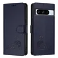 Blauwe Kat Reliëf Flip Portemonnee Lederen Beschermhoes voor Google Pixel 8 Pro - Donkerblauw / Google Pixel 9 Pro XL 6.8 Maat