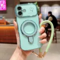 Gegalvaniseerde golftelefoonhoes met magnetische ringstandaard en stijlvol gevlochten koord. - Grasgroen