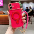 Roze gegalvaniseerde golvende telefoonhoes met magnetische ringstandaard en band. - Rozerood