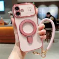 Funda de teléfono ondulada galvanizada con doble corazón, soporte de anillo y cordón para iPhone - Rosa intenso / iPhone 16 SE