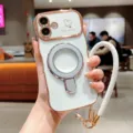 Fundas de teléfono onduladas chapadas con soporte de anillo magnético y correa para iPhone - Marfil / iPhone 16 SE