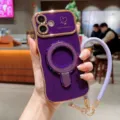 Funda de teléfono ondulada galvanizada morada con soporte de anillo y correa para iPhone. - Púrpura oscuro / iPhone 16 SE