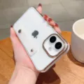 Detailed close-up view of the electroplated acrylic phone case with stylish bracket. - iPhone 16 SE / White