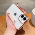 Clear electroplated phone case with wrist strap stand for iPhone compatible protective cover - Pink