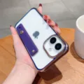 Detailed view of the clear electroplated phone case with a purple wristband stand for iPhone. - iPhone 16 SE / Dark Purple