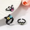 Close-up of cute black cat and monster open rings with colorful cat eye stones. Stylish detail shot. - Funny Cat Monster (D23-099 J1-2) / 3 Pieces/Pack / Black