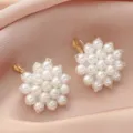 Elegant French retro pearl cluster earrings with gold tone lever back white floral design - Three-Dimensional Pearl Spherical Buckle Style (A24-244)