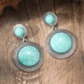 Bohemian turquoise drop earrings, vintage silver geometric round dangle earrings for women. - Double Round Turquoise Style (A23-730B)
