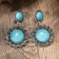 Vintage bohemian turquoise dangle earrings for women ethnic silver tone flower jewelry drop earrings - Sun Flower Turquoise Style (A23-731B)