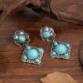 Bohemian vintage turquoise drop earrings ethnic style geometric silver dangle earrings for women - Double Layer Geometric Turquoise Style (A23-773)