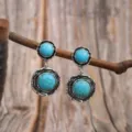 Bohemian vintage turquoise dangle earrings for women retro ethnic silver metal drop jewelry - Double Layer Round Distressed Turquoise Style (A23-774)