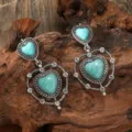 Bohemian vintage turquoise heart drop earrings for women antique silver rhinestone jewelry - Double Layer Heart Rhinestone Turquoise Style (A23-796)