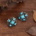 Bohemian vintage turquoise stud earrings for women, retro geometric gemstone ear jewelry. - Carved Square Lace Turquoise Style (A23-772)