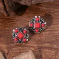 Vintage Bohemian Style Red Stone Stud Earrings Retro Ethnic Geometric Metal Jewelry Accessories - Carved Square Lace Red Stone Style (A23-839)