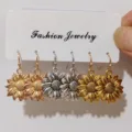 Vintage sunflower hook earrings set, detailed antique floral drop earrings in gold and silver. - Multicolor Earrings Combo Set (A24-264 E2-F3 Set)