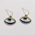 Close-up detail of trendy evil eye hook earrings featuring sparkling rhinestones and colorful enamel. - Feather Pendant Style (A24-263)