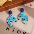 Handmade blue beaded dolphin drop earrings for women, cute summer beach resort style jewelry. - Blue Dolphin Style (A24-280)