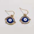 Detailed view of evil eye drop earrings, gold plated alloy with blue enamel and sparkling rhinestones. - Classic Eye Eyebrow Style (A24-261)