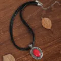 Bohemian vintage multi-strand black cord necklace with red oval pendant for women daily wear. - Oval Red Stone Black Cord Style (C23-625 B4-F2)
