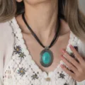 Vintage boho turquoise oval pendant necklace with multi strand black cord for women daily wear. - Oval Turquoise Black Cord Style (C23-453 A4-F2)