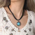 Bohemian vintage turquoise pendant necklace with multi strand black cord for women daily wear - Carved Round Turquoise Black Cord Style (C23-451 B4-F2)