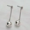 Detailed close-up of long silver disco ball pendant earrings with delicate chain links. - Disco Ball Long Stud Earrings (A23-337 G10-F6-6)