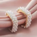 Detailed shot of trendy geometric pearl crystal gold-plated hoop earrings, light luxury design. - Geometric Square White Artificial Pearl & Multicolor Rhinestone Style (A24-300R)