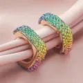 Colorful rhinestone geometric hoop earrings detail view, sparkling rainbow crystal design. - Geometric Square Gradient Rainbow Rhinestone Style (A24-300P)