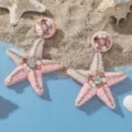 Handmade pink beaded starfish earrings, beach vacation summer style rhinestone earrings. - Pink Starfish Style (A24-279R)